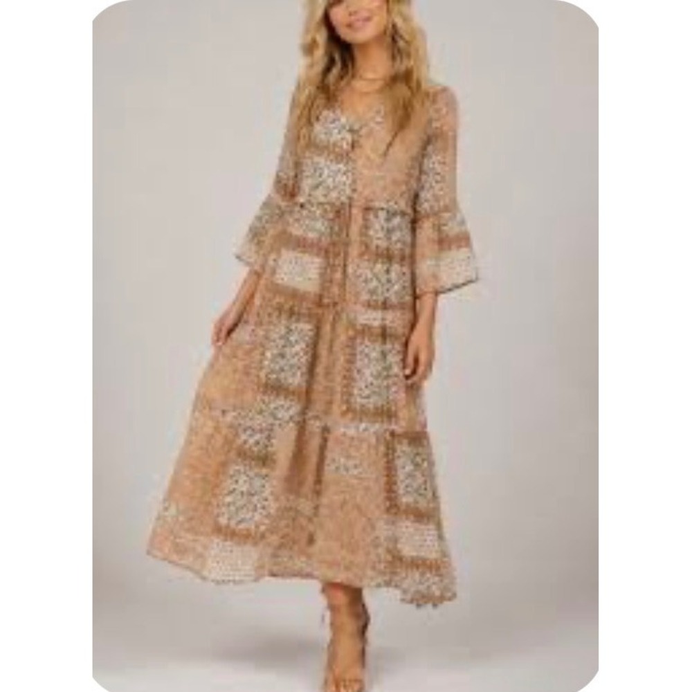 Altar'd State Maxi Dress Size XS Tan Boho Indie Floral Patchwork Bell Sleeves